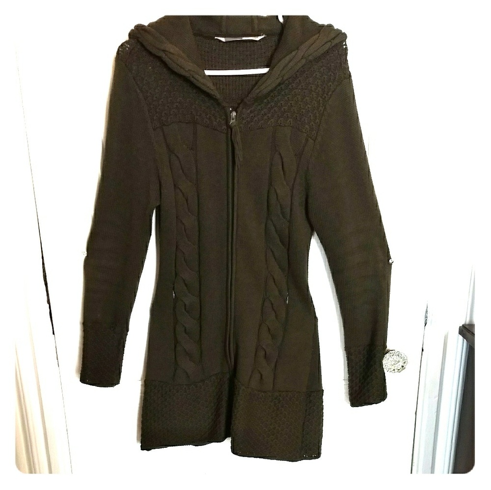 Athleta olive cable knit full zip sweater.